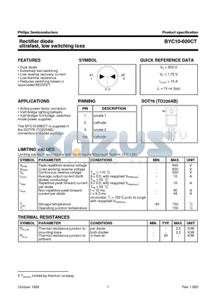 BYC10-600CT datasheet - Rectifier diode ultrafast, low switching loss