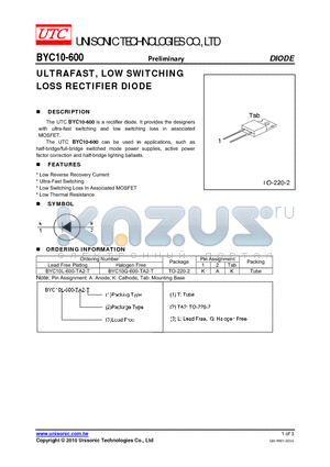 BYC10G-600-TA2-T datasheet - ULTRAFAST, LOW SWITCHING LOSS RECTIFIER DIODE