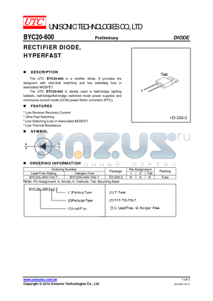 BYC20-600 datasheet - RECTIFIER DIODE, HYPERFAST