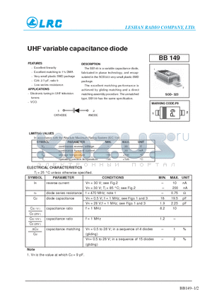 BB149 datasheet - UHF variable capacitance diode