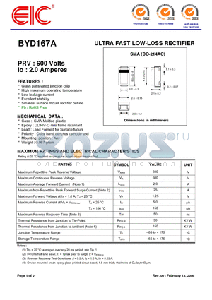 BYD167A datasheet - ULTRA FAST LOW-LOSS RECTIFIER