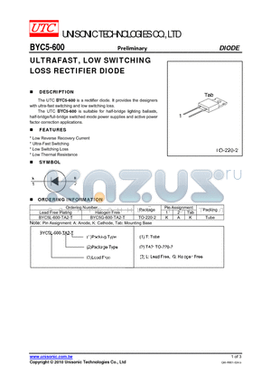 BYC5L-600-TA2-T datasheet - ULTRAFAST, LOW SWITCHING LOSS RECTIFIER DIODE