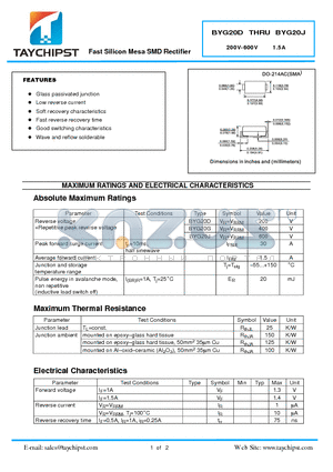 BYG20D datasheet - Fast Silicon Mesa SMD Rectifier
