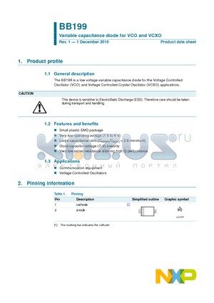 BB199 datasheet - Variable capacitance diode for VCO and VCXO Small plastic SMD package