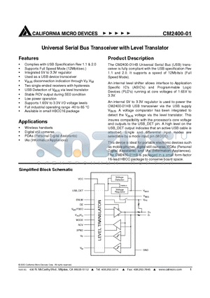 CM2400-01 datasheet - Universal Serial Bus Transceiver with Level Translator
