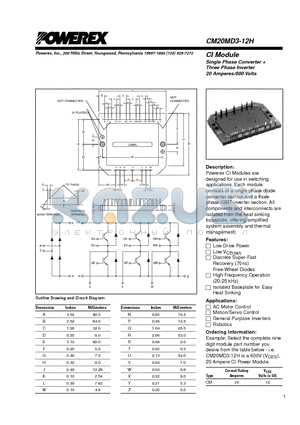 CM20MD3-12H datasheet - CI Module Single Phase Converter  Three Phase Inverter 20 Amperes/600 Volts