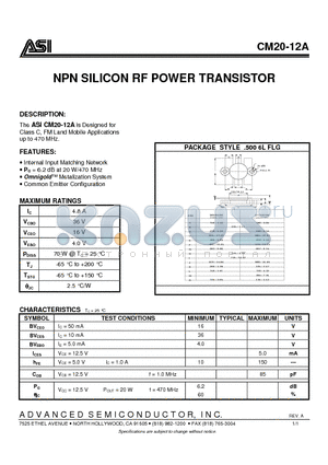 CM20-12A datasheet - NPN SILICON RF POWER TRANSISTOR