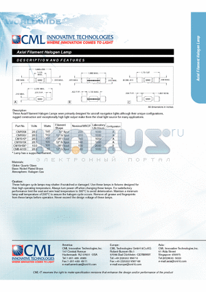 CM1970 datasheet - Axial Filament Halogen Lamp