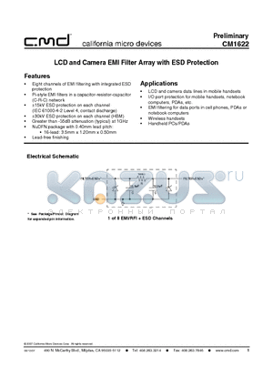 CM1622 datasheet - LCD and Camera EMI Filter Array with ESD Protection