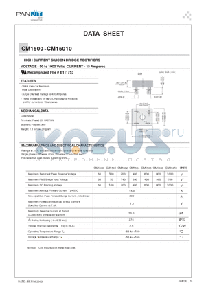 CM1506 datasheet - HIGH CURRENT SILICON BRIDGE RECTIFIERS(VOLTAGE - 50 to 1000 Volts CURRENT - 15 Amperes)