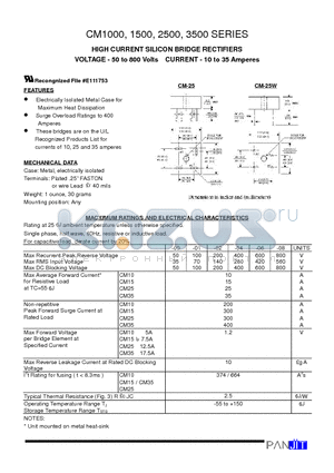 CM1500 datasheet - HIGH CURRENT SILICON BRIDGE RECTIFIERS(VOLTAGE - 50 to 800 Volts CURRENT - 10 to 35 Amperes)