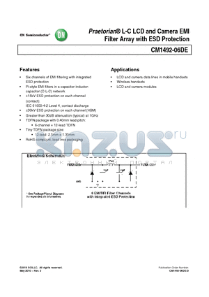 CM1492-06DE datasheet - Praetorian L-C LCD and Camera EMI Filter Array with ESD Protection