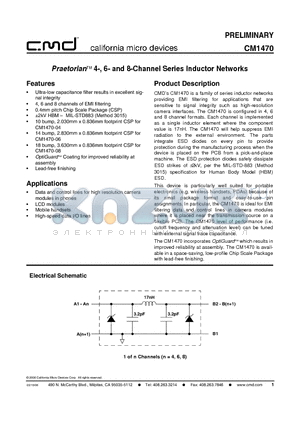 CM1470 datasheet - Praetorian 4-, 6- and 8-Channel Series Inductor Networks