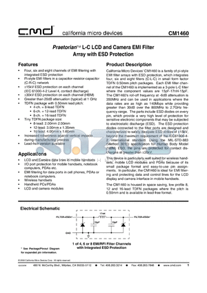 CM1460 datasheet - Praetorian L-C LCD and Camera EMI Filter Array with ESD Protection