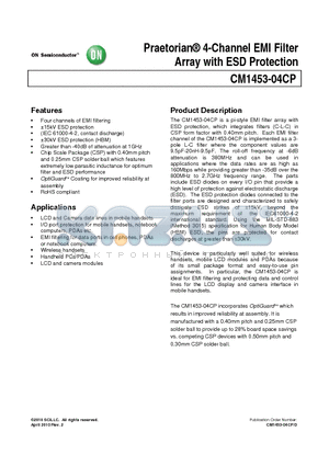 CM1453-04CP datasheet - Praetorian 4-Channel EMI Filter Array with ESD Protection