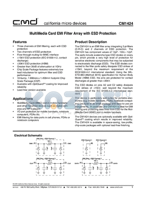 CM1424-03CS datasheet - MultiMedia Card EMI Filter Array with ESD Protection