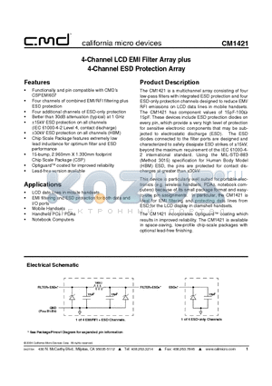 CM1421-03CP datasheet - 4-Channel LCD EMI Filter Array plus / 4-Channel ESD Protection Array