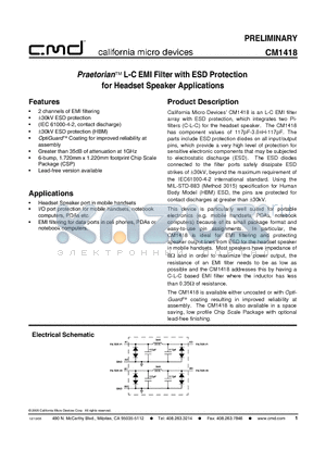 CM1418-0BCS datasheet - Praetorian L-C EMI Filter with ESD Protection for Headset Speaker Applications