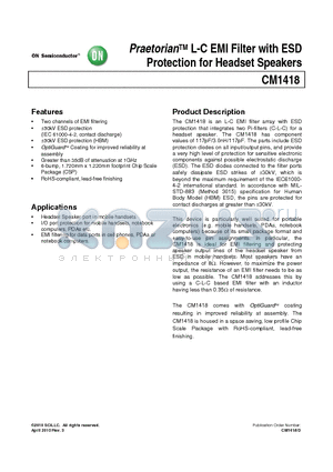 CM1418 datasheet - Praetorian L-C EMI Filter with ESD Protection for Headset Speakers