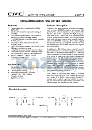 CM1414 datasheet - 2 Channel Headset EMI Filter with ESD Protection