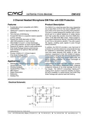 CM1412-03CP datasheet - 2 Channel Headset Microphone EMI Filter with ESD Protection