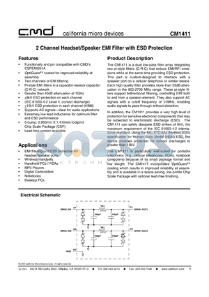 CM1411 datasheet - 2 Channel Headset/Speaker EMI Filter with ESD Protection