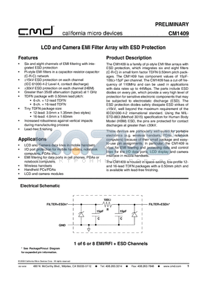 CM1409-08DF datasheet - LCD and Camera EMI Filter Array with ESD Protection