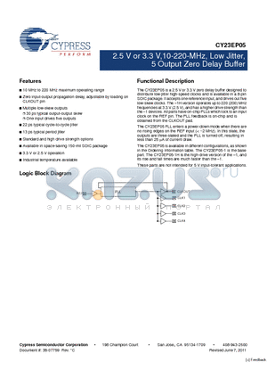 CY23EP05SXC-1T datasheet - 2.5 V or 3.3 V,10-220-MHz, Low Jitter, 5 Output Zero Delay Buffer