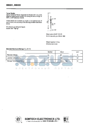 BB222 datasheet - Silicon Epitaxial Planar Capacitance Diode