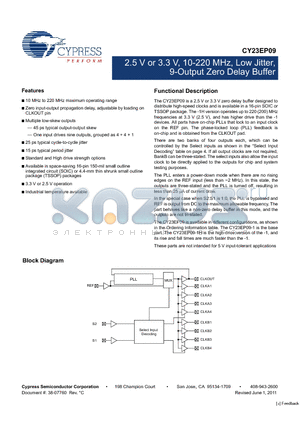 CY23EP09 datasheet - 2.5 V or 3.3 V, 10-220 MHz, Low Jitter, 9-Output Zero Delay Buffer