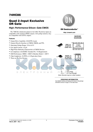 74HC86DTR2G datasheet - Quad 2−Input Exclusive OR Gate High−Performance Silicon−Gate CMOS