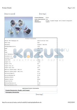 54944 datasheet - 80 watt, tungsten halogen, low to medium voltage with reflector