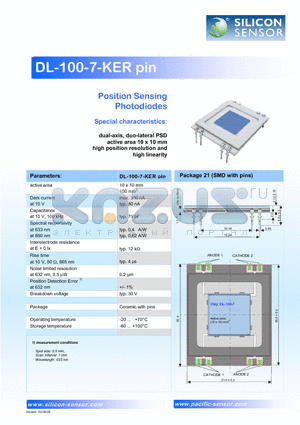 DL100-7-KER datasheet - Position Sensing Photodiodes Special characteristics