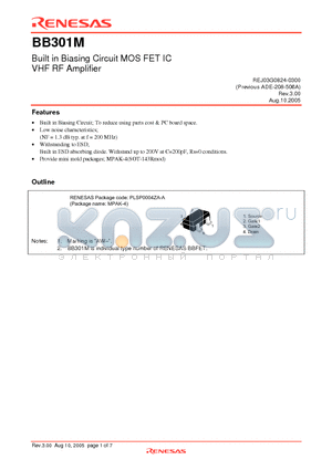 BB301M datasheet - Built in Biasing Circuit MOS FET IC VHF RF Amplifier