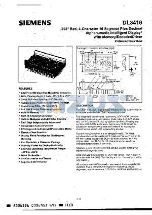 DL3416 datasheet - .224 Red, 4-Character 16 Segment Plus Decimal Alphanumeric Intelligent Display With Memory/Decoder/Driver