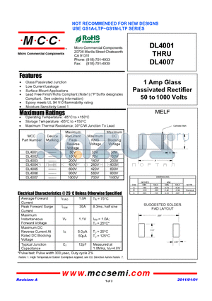 DL4001_11 datasheet - 1 Amp Glass Passivated Rectifier 50 to 1000 Volts