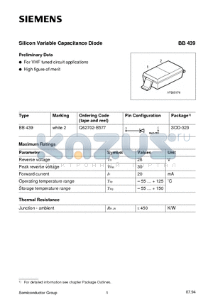 BB439 datasheet - Silicon Variable Capacitance Diode (For VHF tuned circuit applications High figure of merit)
