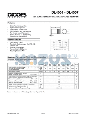 DL4003 datasheet - 1.0A SURFACE MOUNT GLASS PASSIVATED RECTIFIER