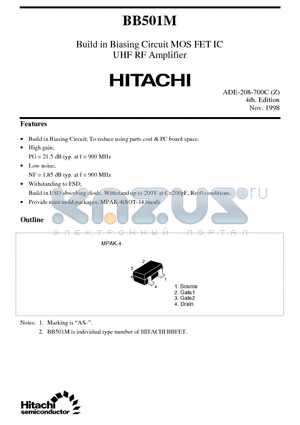 BB501M datasheet - Build in Biasing Circuit MOS FET IC UHF/VHF RF Amplifier