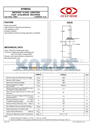 BYM26G datasheet - SINTERED GLASS JUNCTION FAST AVALANCHE RECTIFIER VOLTAGE: 1400V CURRENT: 2.3A