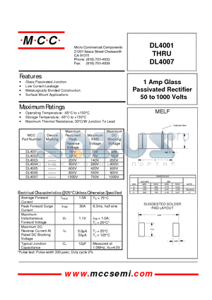 DL4007 datasheet - 1 Amp Glass Passivated Rectifier 50 to 1000 Volts