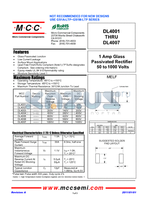DL4007 datasheet - 1 Amp Glass Passivated Rectifier 50 to 1000 Volts