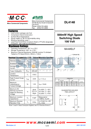 DL4148_11 datasheet - 500mW High Speed Switching Diode 100 Volt
