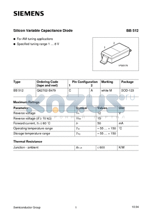 BB512 datasheet - Silicon Variable Capacitance Diode (For AM tuning applications Specified tuning range 1  8 V)