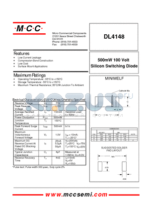 DL4148 datasheet - 500mW 100 Volt Silicon Switching Diode