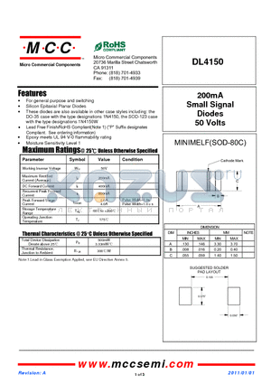 DL4150 datasheet - 200mA Small Signal Diodes 50 Volts