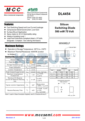 DL4454 datasheet - Silicon Switching Diode 500 mW 75 Volt