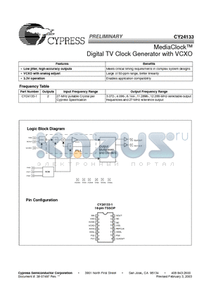 CY24133 datasheet - MediaClock Digital TV Clock Generator with VCXO