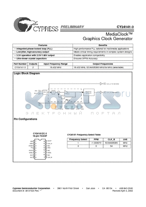 CY24141ZC-3 datasheet - MediaClock Graphics Clock Generator