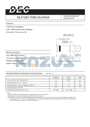 DL4729A datasheet - 1W SURFACE MOUNT ZENER DIODES